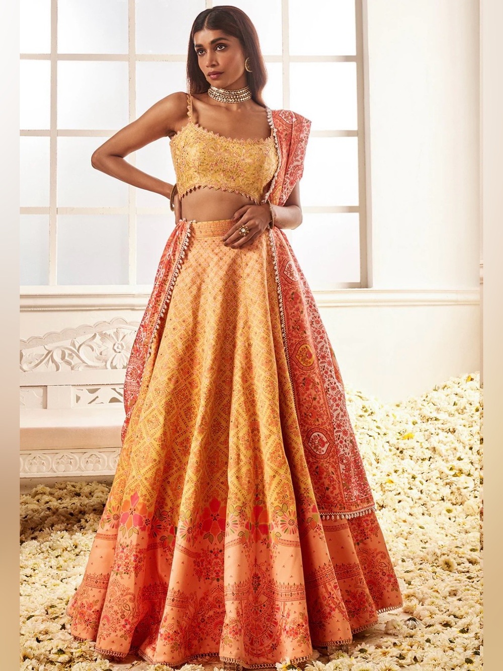 Sunset Orange and Golden Yellow Embroidered Lehenga Set